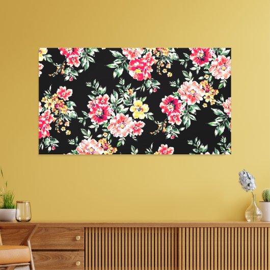 Aantrekkelijk bloemenpatroon op zwarte achtergrond canvas afdruk (Insitu (Woonkamer))