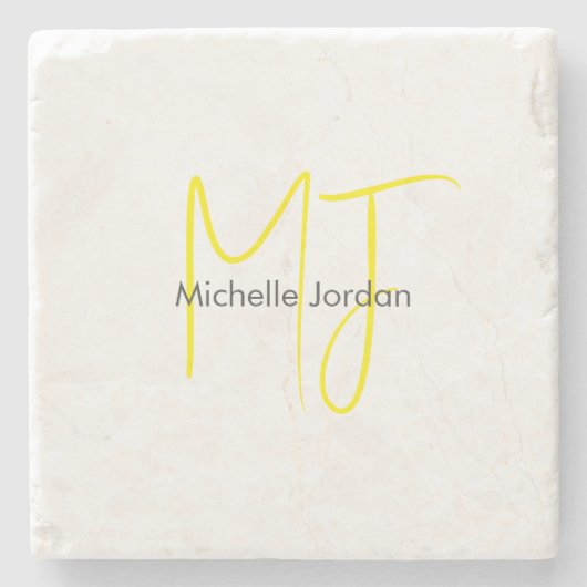 Aantrekkelijk Monogram Geel Wit Modern Minimalist Stenen Onderzetter (Voorkant)