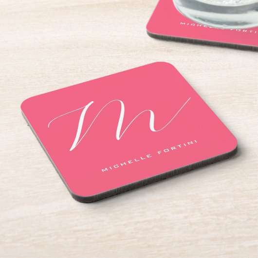 Aantrekkelijk Monogram Roze Wit Modern Plain Bier Onderzetter (Linkerzijde)