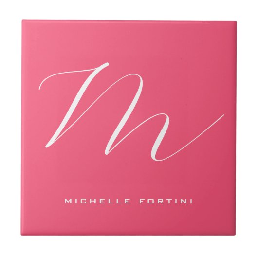 Aantrekkelijk Monogram Roze Wit Modern Plain Tegeltje (Voorkant)