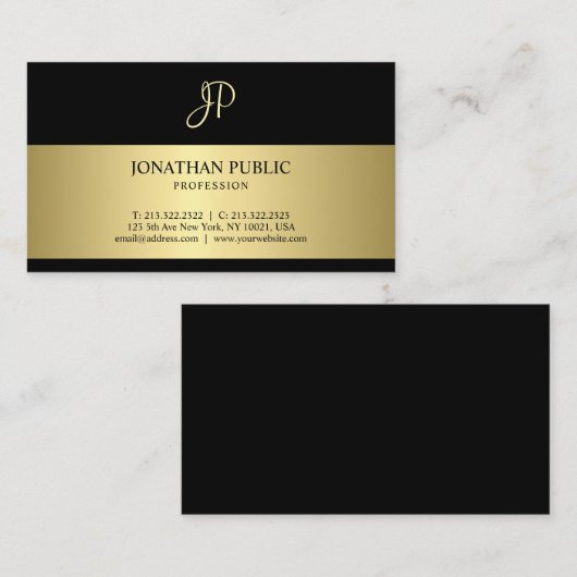 Aantrekkelijk zwart en goud monogram Plain Modern Visitekaartje (Voorkant / Achterkant)