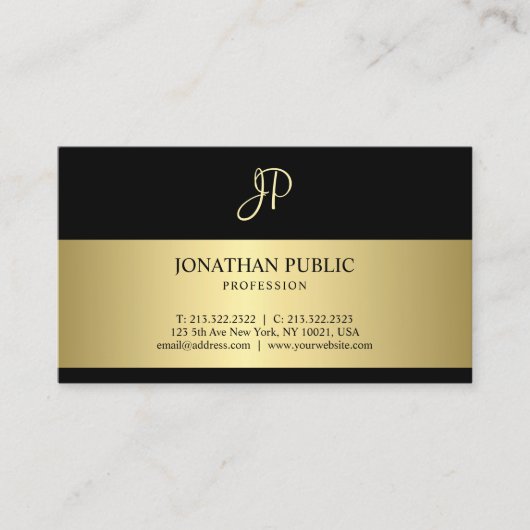 Aantrekkelijk zwart en goud monogram Plain Modern Visitekaartje (Voorkant)