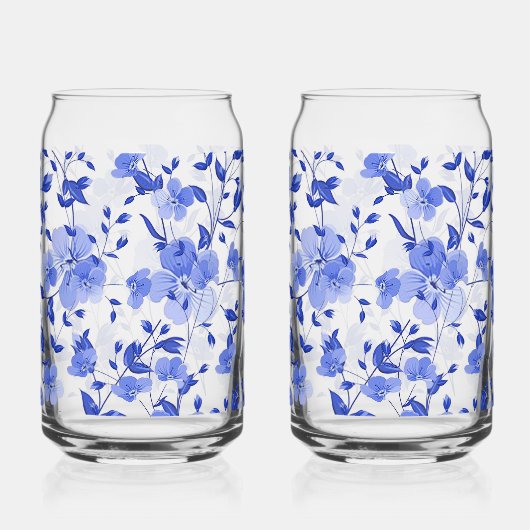 Aantrekkelijke blauwe bloemenprint kan glas set (Voorkant)