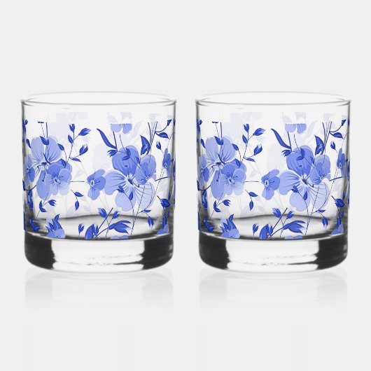 Aantrekkelijke Blauwe Bloemenprint Whiskey Glass S Whisky Glas (Voorkant)
