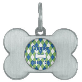 Aantrekkelijke Blauwe Groene Argyle Framed Pet ID  Huisdieren Naamplaatje