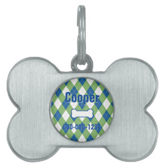 Aantrekkelijke Blauwe Groene Argyle Framed Pet ID  Huisdieren Naamplaatje