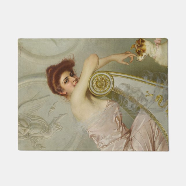 Aantrekkelijke jonge dame streelen haar puppy hond deurmat (Voorkant)