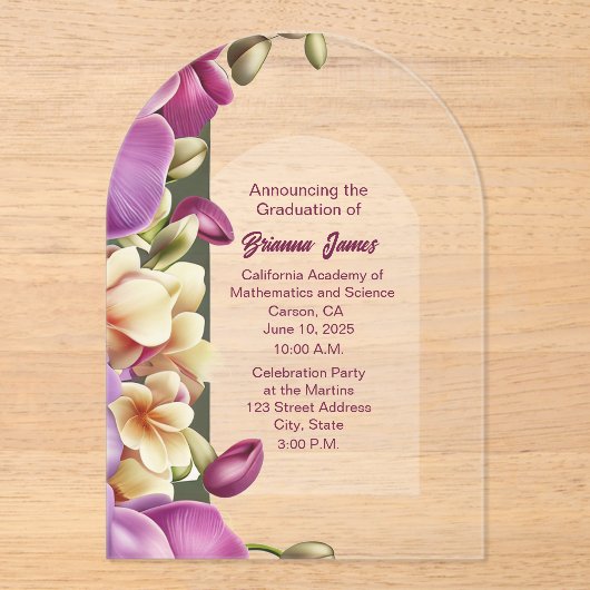 Aantrekkelijke Orchideeën Acryl Afstuderen Invitat Acryl Uitnodigingen (Voorkant)