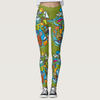 Aantrekkelijke reizen cartoon artwork olijfgroen leggings