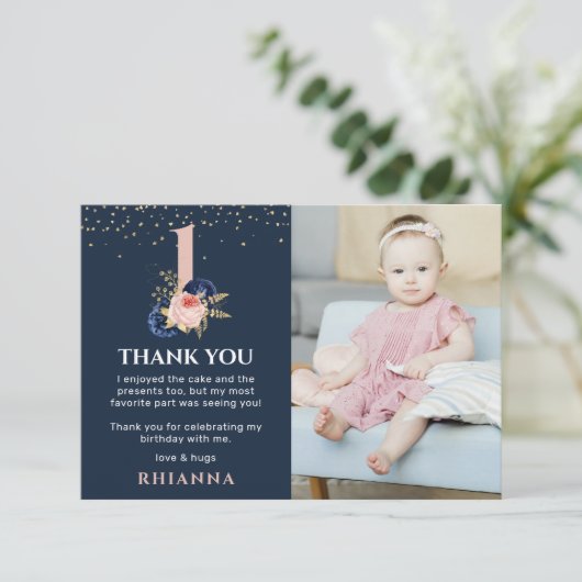 Aanvaardijende marinescheepvaart en roze Floral fo Bedankkaart (Staand voorkant)