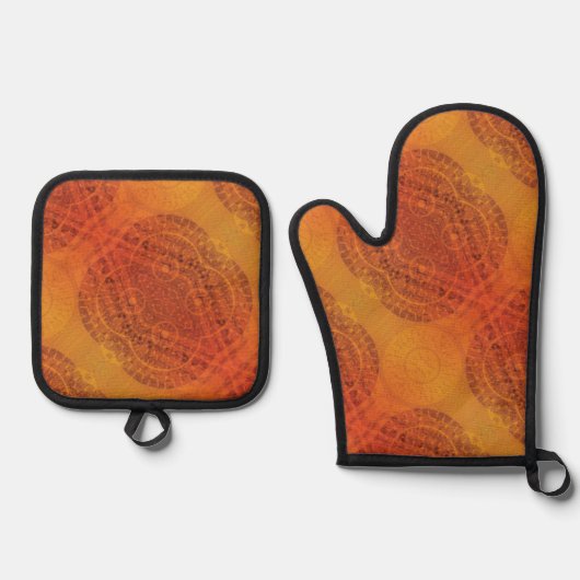 aanvaarding | Rode Sinaasappel Gele Boho Medallion Ovenwant & Pannenlap Set (Voorkant)