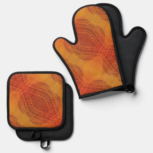 aanvaarding | Rode Sinaasappel Gele Boho Medallion Ovenwant & Pannenlap Set (Voorkant / Achterkant)