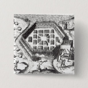 Aanval op een dorp in Iroquois Vierkante Button 5,1 Cm