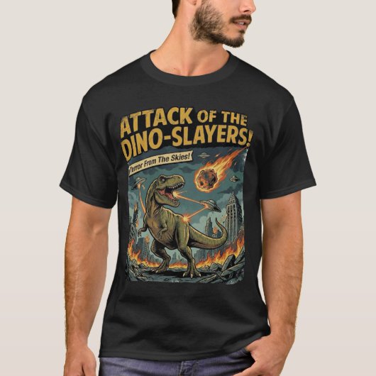 Aanval van de Dino-Slayers! Retro Sci-Fi T-Rex vs T-shirt (Voorkant)