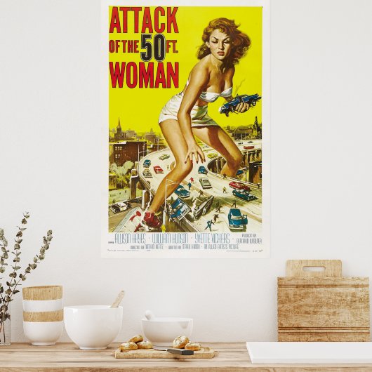Aanval van de vrouw van 50 meter poster (Keuken)