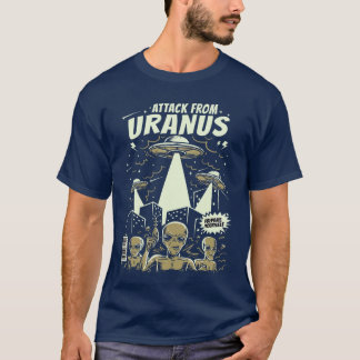 Aanval vanuit Uranus Retro Space Alien UFO strip b T-shirt