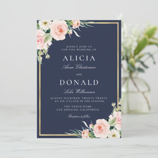 Aanvraag voor marineslag en bloesse bruiloft kaart (Staand voorkant)