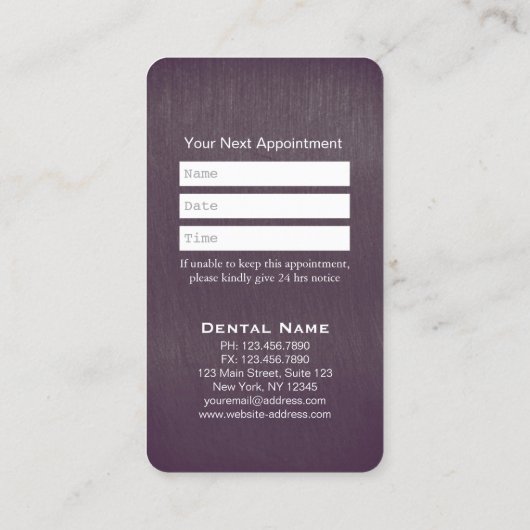 Aanwijzing van moderne Paarse tandheelkundige tand Afsprakenkaartje (Achterkant)