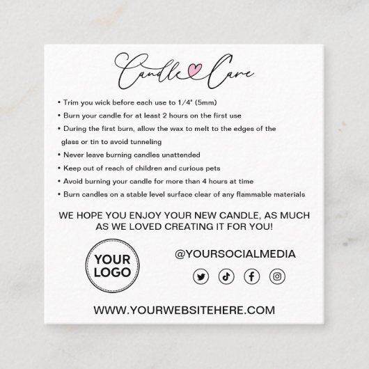 Aanwijzingen kaarszorg Klant Dank u pasta Vierkante Visitekaartje (Voorkant)