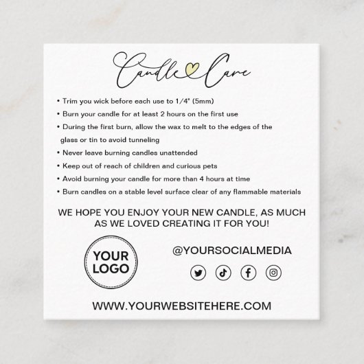 Aanwijzingen voor kaarszorg / Beharing voor uw kaa Vierkante Visitekaartje (Voorkant)