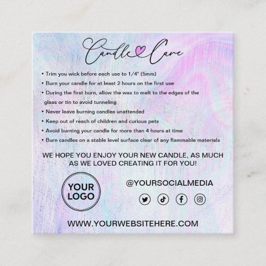 Aanwijzingen voor kaarszorg en klantendank U squa Vierkante Visitekaartje (Voorkant)