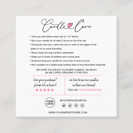 Aanwijzingen voor kaarszorg en klantendank vierkante visitekaartje (Voorkant)