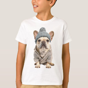 Aanzichtige Franse Bulldog met Winter Mutsje voor T-shirt