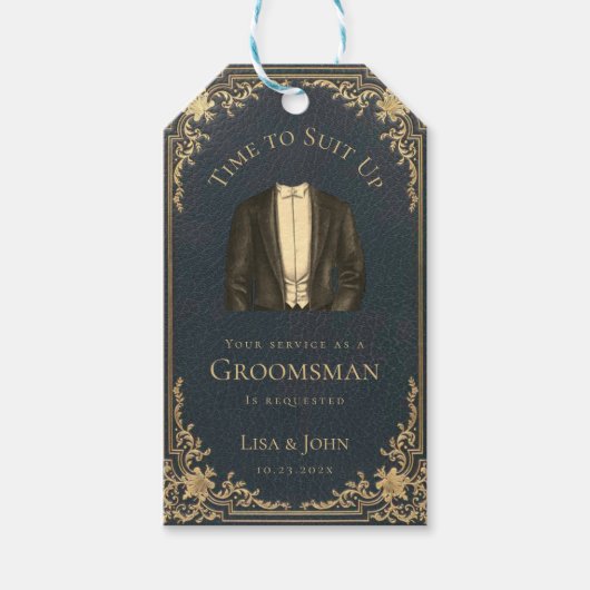 Aanzoek bruidsjonker Blauw Goud Retro Tijd om je a Cadeaulabel (Voorkant)