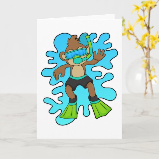 Aap als duiker met snorkel kaart (Gele Bloem)