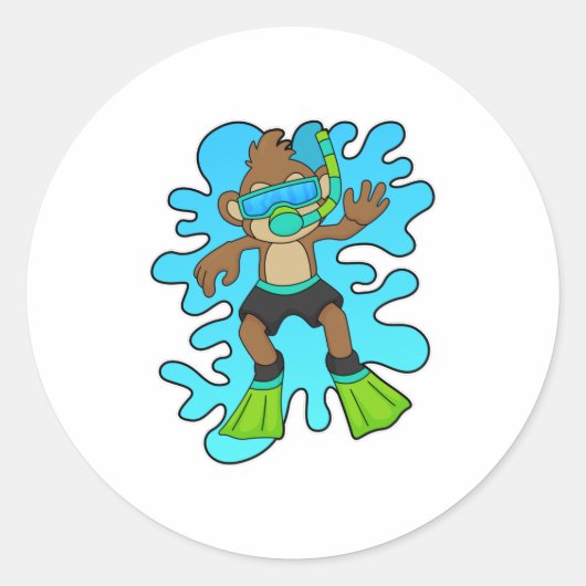 aap als duiker met Snorkel Ronde Sticker (Voorkant)