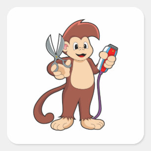 aap als hairdresser met schaar & schaar vierkante sticker