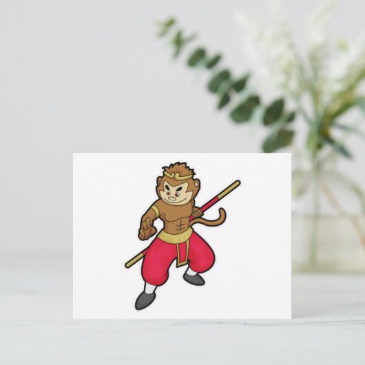 Aap als krijger met staf en hoofdband briefkaart (Staand voorkant)