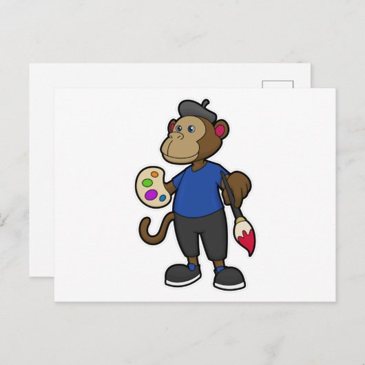 Aap als schilder met verf en kwast briefkaart (Voorkant / Achterkant)