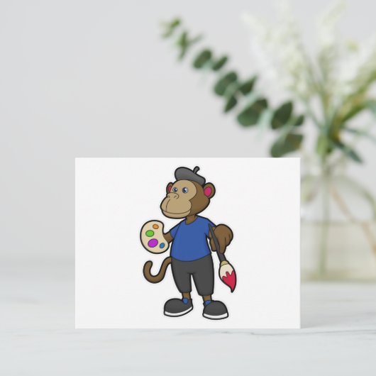 Aap als schilder met verf & kwast briefkaart (Staand voorkant)