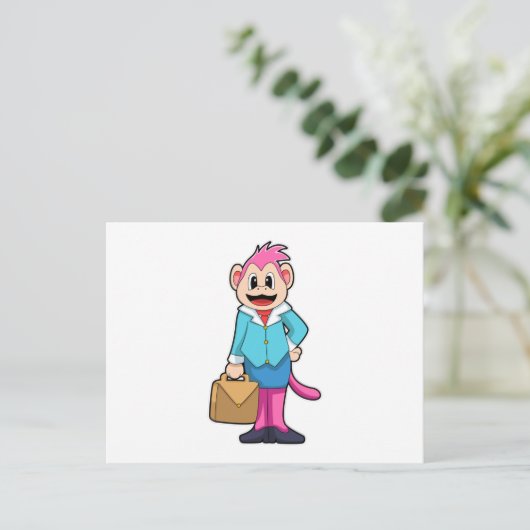 Aap als secretaresse met tas briefkaart (Staand voorkant)