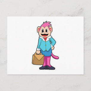 Aap als secretaresse met tas briefkaart