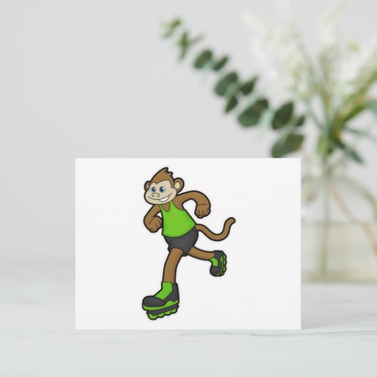 Aap als skater met inline skates briefkaart (Staand voorkant)