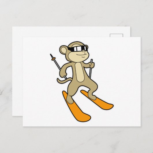 Aap als skiër met ski briefkaart (Voorkant / Achterkant)