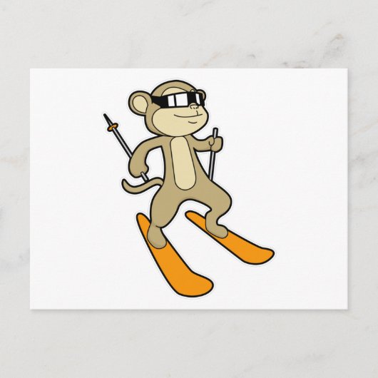 Aap als skiër met skistok briefkaart (Voorkant)