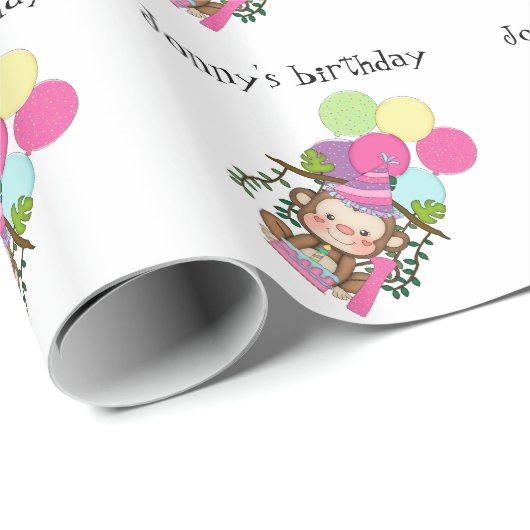 aap/ballonnen/verjaardagstaart-1 jaar oud/naam cadeaupapier (Rol Hoek)