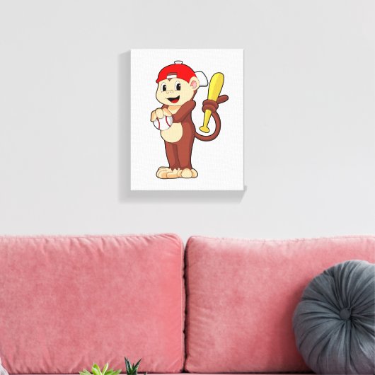 aap bij honkbal met honkbalknuppel canvas afdruk (Insitu (Woonkamer))