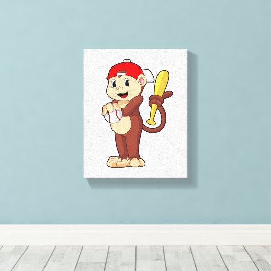 aap bij honkbal met honkbalknuppel canvas afdruk (Insitu (Houten vloer))