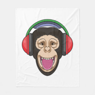 aap bij muziek met hoofdtelefoon fleece deken