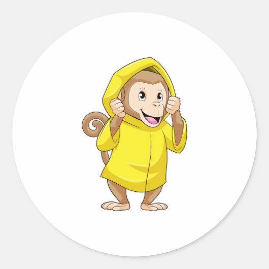 aap bij Raining met regenjas Ronde Sticker (Voorkant)