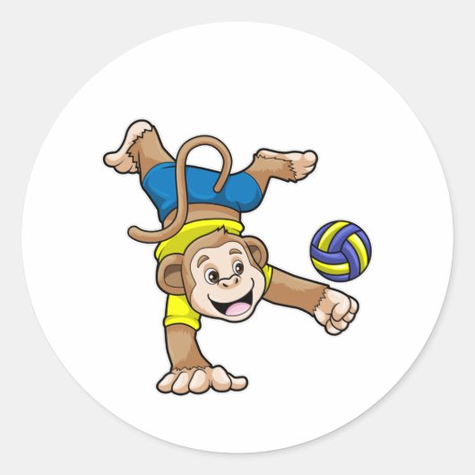 aap bij sport met volleybal ronde sticker (Voorkant)