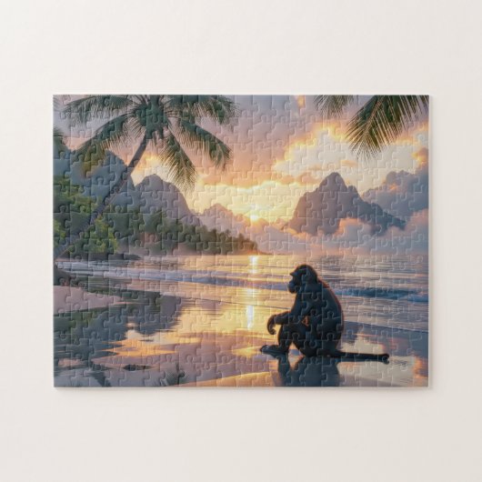 Aap die zonsondergang bekijkt op het strand legpuzzel (Horizontaal)