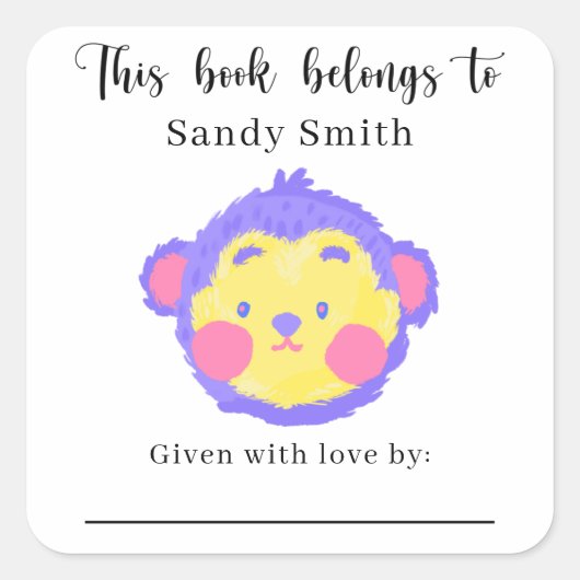 Aap - Dit boek is eigendom van met bericht Vierkante Sticker (Voorkant)