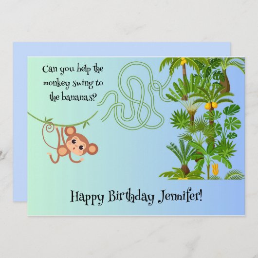 Aap en bananen doolhof puzzel verjaardagskaart (Voorkant / Achterkant)