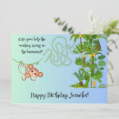 Aap en bananen doolhof puzzel verjaardagskaart (Staand voorkant)