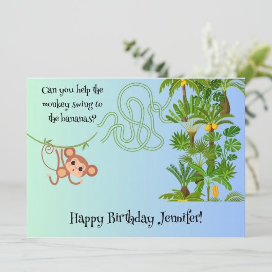 Aap en bananen doolhof puzzel verjaardagskaart (Staand voorkant)